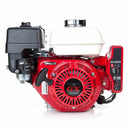 Compact red and silver Honda GX200-QXE2 horizontal engine with black air filter cover