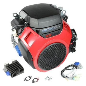  Front view of Honda GX690 V-twin engine with dual cylinder heads, large air filter housing, and horizontal output shaft