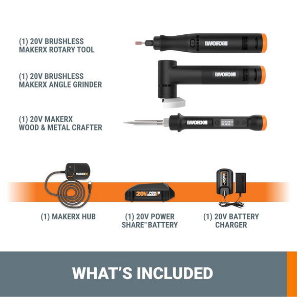 Worx WX991L MakerX 20V Rotary Tool, Angle Grinder & Wood/Metal Craft Tool Kit