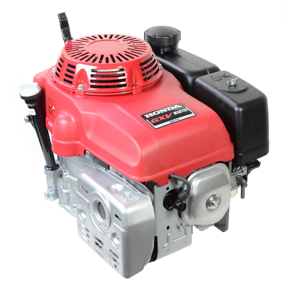 Red Honda GXV390-DAXB vertical engine with black recoil starter and silver cooling fins