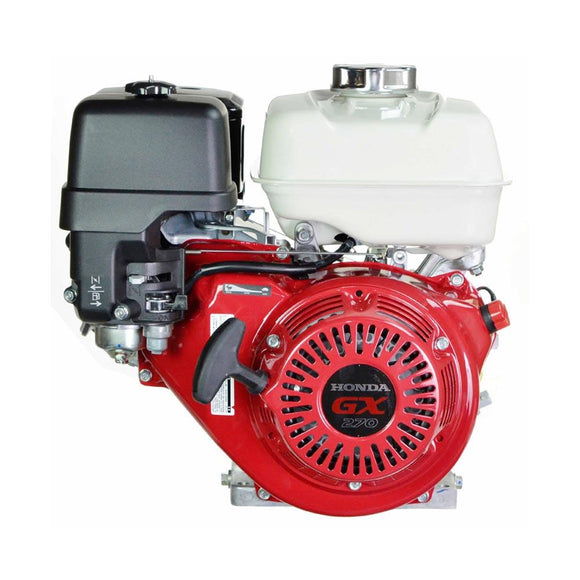 Honda GX270 HA2 Horizontal Engine, red with black and white accents, showcasing the engine block, oil filter, and air filter.
