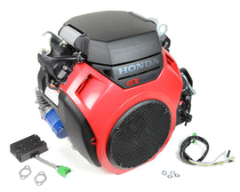 Red Honda GX690 horizontal engine with black air filter cover and silver muffler
