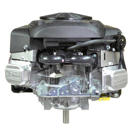 A Briggs & Stratton vertical engine, showing the front view with visible crankshaft, valves, and branding.