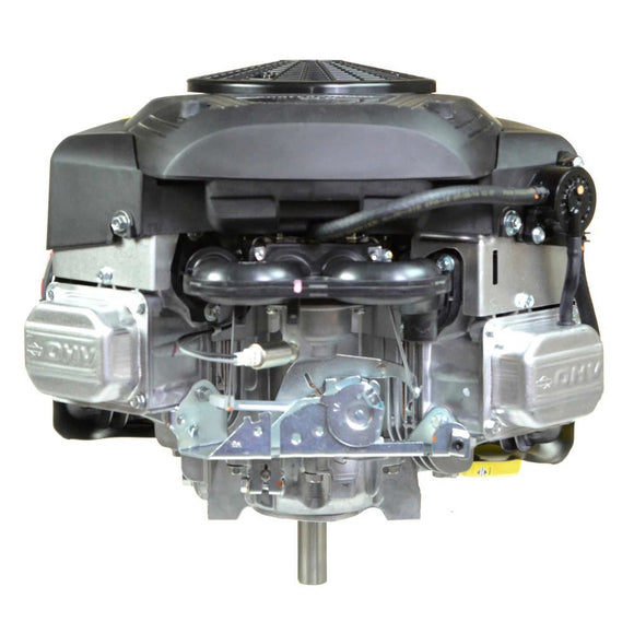 A Briggs & Stratton vertical engine, showing the front view with visible crankshaft, valves, and branding.